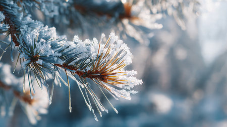 Pine branch covered with hoarfrost and snow. Winter backgroundの写真素材