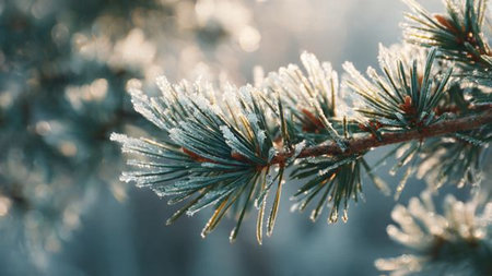 Pine branch covered with hoarfrost in the winter forest.の写真素材