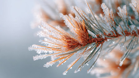 Close-up of pine branch covered with hoarfrost. Winter background