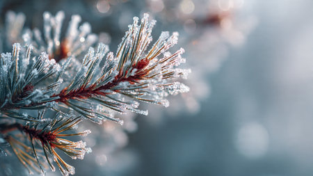 Pine branches covered with hoarfrost on a blurred background.