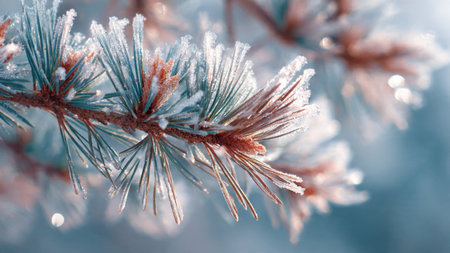 Pine branch covered with hoarfrost. Winter background. Selective focus.の写真素材