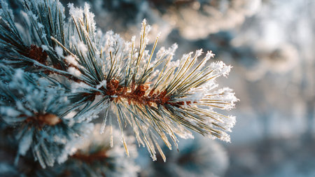 Pine tree branch covered with hoarfrost in the winter forest.