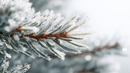 Fir branch covered with hoarfrost on a blurred background.の写真素材