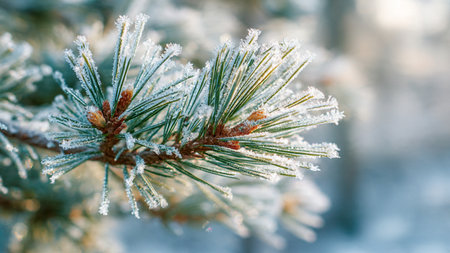 Pine branches covered with hoarfrost, close-up.