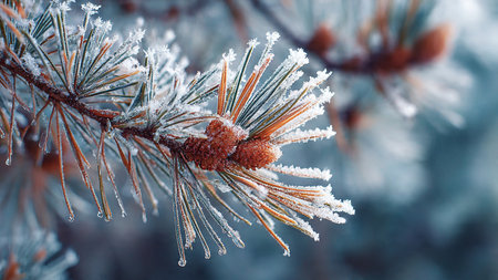 Pine branch covered with hoarfrost. Winter nature background.