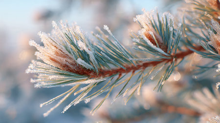 Pine branches covered with hoarfrost, close-up. Winter backgroundの写真素材
