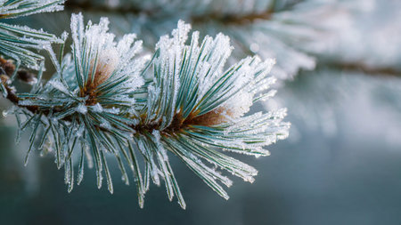 Pine branch covered with hoarfrost closeup. Winter backgroundの写真素材