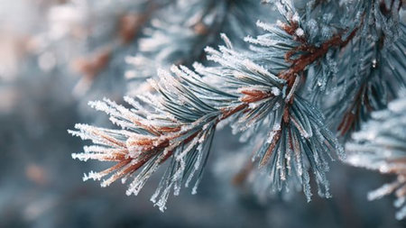Pine branches covered with hoarfrost close-up. Winter background