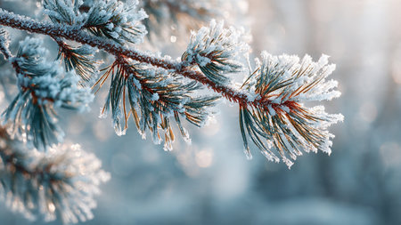 Pine branches covered with hoarfrost. Winter nature background.