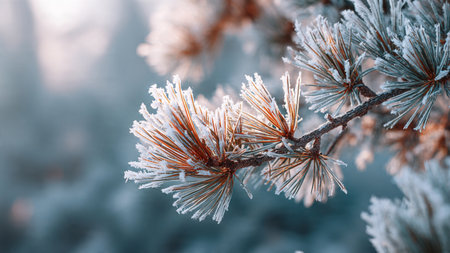 Pine branches covered with hoarfrost in the forest. Winter background
