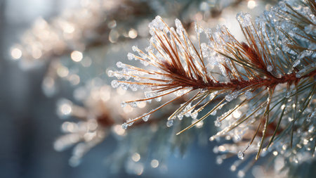 Frosty pine branch closeup with bokeh background.