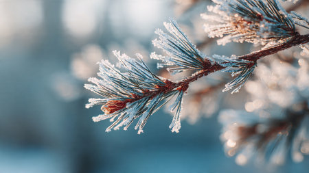 Pine branches covered with hoarfrost in the winter forest.