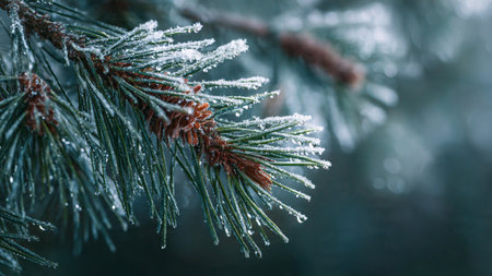 Pine branch covered with hoarfrost. Winter background. Macroの写真素材