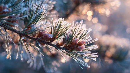 Pine branches covered with hoarfrost and snow. Winter background