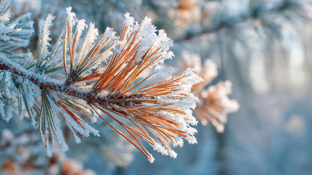 Pine branches covered with hoarfrost in the winter forest.
