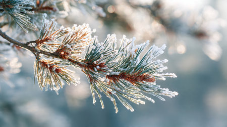 Pine branch covered with hoarfrost in the winter forest.