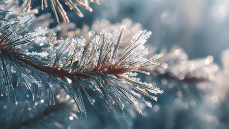 Pine branches covered with hoarfrost. Winter background. Macro