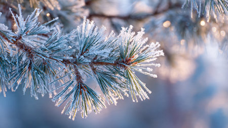 Pine branches covered with hoarfrost close-up. Winter backgroundの写真素材