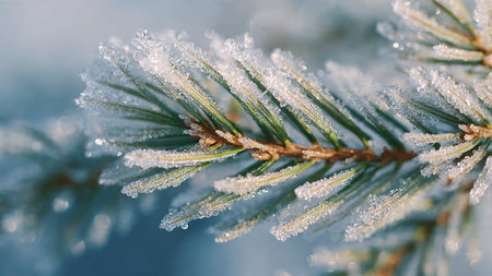 Pine branch covered with hoarfrost close-up. Winter background