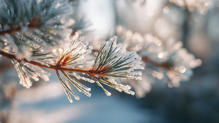 Frost on the branches of a pine tree in the winter forest