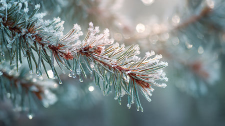 Pine branches covered with hoarfrost, close up. Winter background
