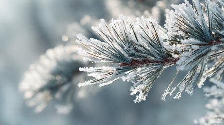 Pine branch covered with hoarfrost in the winter forest.の写真素材