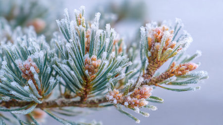 The branches of a Christmas tree in hoarfrost close-upの写真素材
