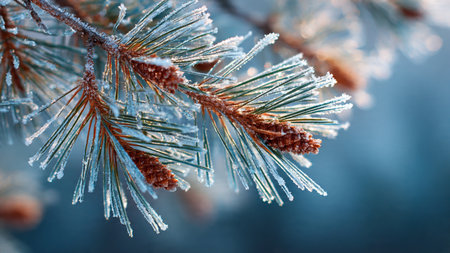 Pine branch covered with hoarfrost close-up. Winter background