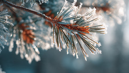 Pine branches covered with hoarfrost close up. Winter background