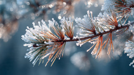 Pine branch covered with hoarfrost and snow in winter forest