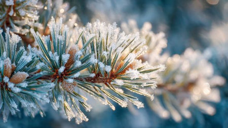 Pine branches covered with hoarfrost and snow close-up
