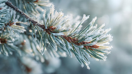 Pine branch covered with hoarfrost on a blurred background.