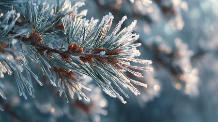 Frosty pine branch close-up. Winter nature background.の写真素材