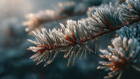 Pine branch covered with hoarfrost, close-up.の写真素材