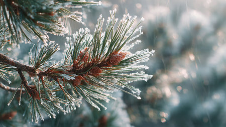 Pine branch with cones covered with hoarfrost. Winter backgroundの写真素材