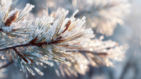 Pine branches covered with hoarfrost. Winter nature background.