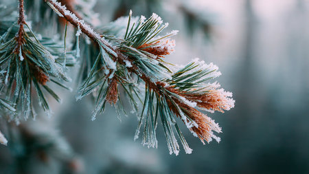 Pine branches covered with hoarfrost. Winter background. Selective focus.