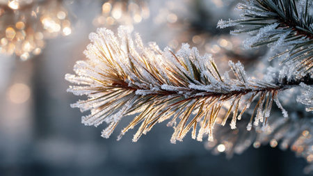 Pine branch covered with hoarfrost on a blurred background.の写真素材