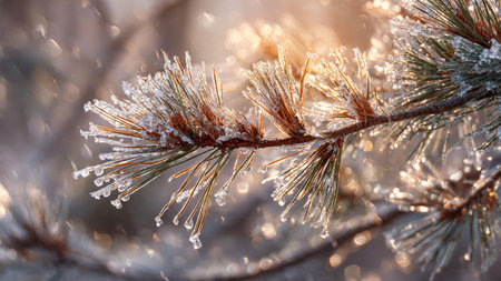 Pine branch covered with hoarfrost in the winter forest.