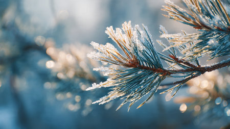 Pine branches covered with hoarfrost in winter forest. Winter backgroundの写真素材