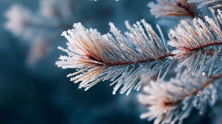 Frosty pine branch in hoarfrost closeup. Winter background
