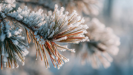 Pine branch covered with hoarfrost and snow close-upの写真素材