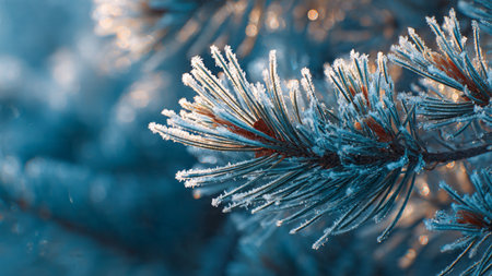 Pine branches covered with hoarfrost close-up. Winter backgroundの写真素材