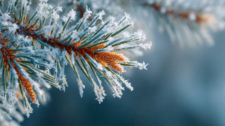 Pine branches covered with hoarfrost closeup. Winter backgroundの写真素材
