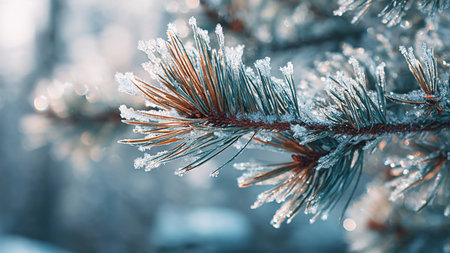 Pine branch covered with hoarfrost. Winter background. Close up.の写真素材