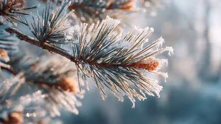Pine branches covered with hoarfrost in the winter forest.