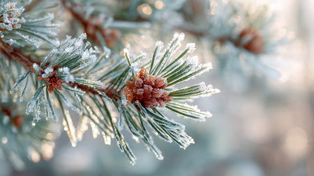 Pine branches covered with hoarfrost, close-up. Winter background