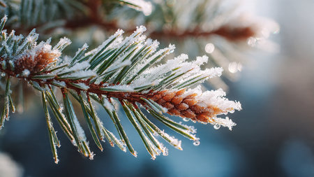 Pine branches covered with hoarfrost and snow. Winter background