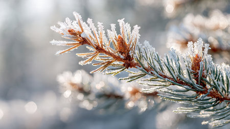 Frost on the branches of a Christmas tree in the forest.の写真素材