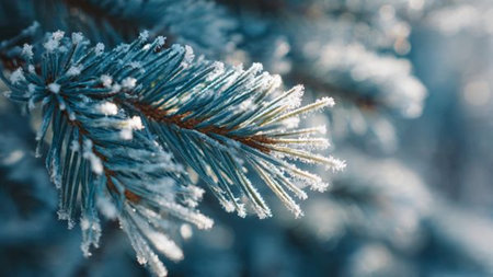 Pine branches covered with hoarfrost. Winter forest. Christmas backgroundの写真素材